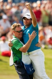Day embraces caddie Clin Swatton following his victory at the HP Byron Nelson Championship in Texas Day captures first PGA Tour win at Byron Nelson