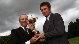 French golfers Thomas Levet, left, and Jean Van De Velde pose with the Ryder Cup trophy France awarded 2018 Ryder Cup as Spain miss out