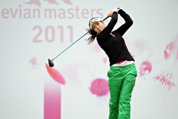 South Korean Ahn Shin-Ae hits a drive during the Evian Masters Golf Tournament Hjorth, Ahn and Stupples share Evian Masters golf lead
