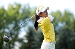 Ai Miyazato of Japan makes a tee shot on the 14th hole Miyazato, Stanford share LPGA Canadian Open lead