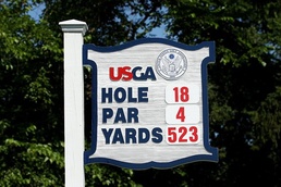 The 18th hole tee sign is seen during a practice round prior to the start of the 111th US Open US Open is as open as ever