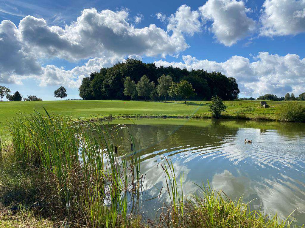 Blick über Teich auf Grün 8