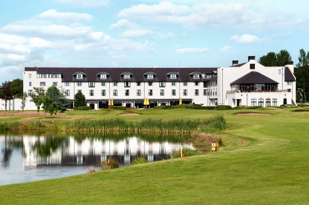 View from 18th fairway towards 18th green & hotel.